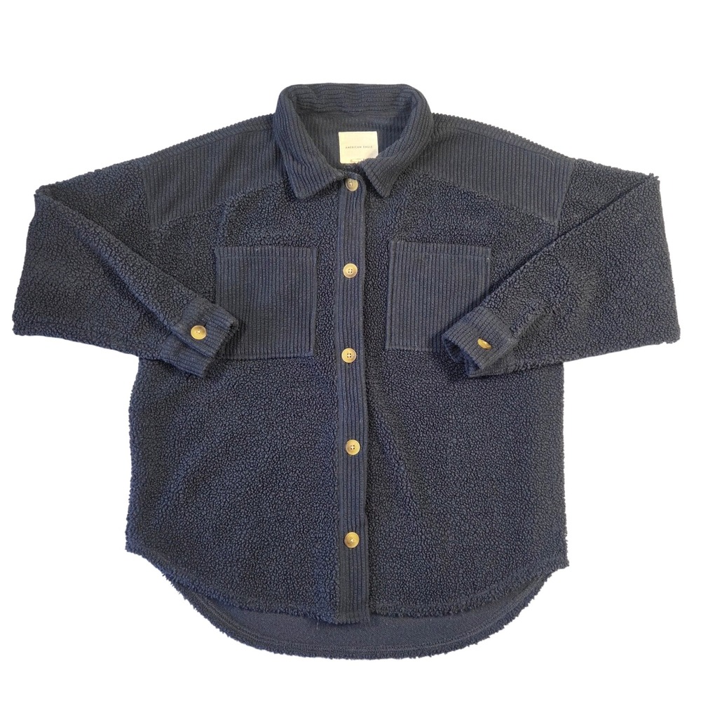 American Eagle Sherpa Corduroy Shirt Jacket Navy Blue Womens Size S Boho Casual